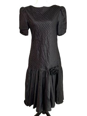 Vtg Albert Nipon Black Sheer Drop Waist Dress Pleated Puff Tuliep Sleeve Midi M